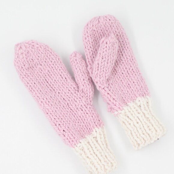 Handmade Hand Knit Chunky Knit Chill Chaser Pink and White Alpaca Wool Mittens - Picture 3 of 3